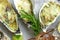 Close up oysters baked with cheese and lime. Italian cuisine with seafood. Food background for restaurant menu. Seafood