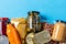 close up of packed food on blue background