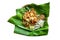 Close up Pad Thai fried noodles popular served on banana leaf, The most favorite and famous in street food everwhere Thailand on