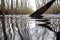 close-up of paddle slicing through water, with reflection of trees visible on the surface