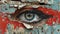 A close up of a painted eye peeking out from behind the wall, AI