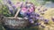 close-up painting bunch lavender flowers with wicker basket,generated with AI.