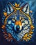 A close up of a painting of a wolf, fantasy wolf portrait, geometric wolf, beautiful picture of wolf.