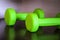 Close-up of a pair of bright green little female dumbbells on a wooden shelf