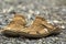 Close-up of pair of old worn comfortable man classic leather soft brown summer shoes sandals on outdoor stone pebbles background.
