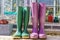 Close up of a pair of purple and green Wellington Boots