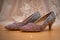 Close up of a pair of sparkly wedding shoes