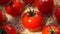 Close-up panorama of the delicious tomatoes laying in the wooden box