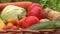 Close-up panorama of vegetables in a wicker basket