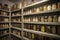 close-up of pantry with rows of neatly stacked cans and bottles