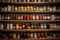 close-up of pantry with rows of neatly stacked cans and bottles