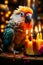 Close up of parrot near bunch of candles. Generative AI