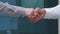 Close up part of human body caucasian woman and man shake hands, conclude successful contract deal agreement, support