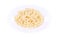 Close up of pasta cavatappi on a white plate.