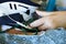 Close up of patient`s hand and neck brace in hospital