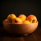 Close up of Peaches and apricots fruits on wooden plate
