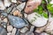 Close up of pebbles on a mountain river bank, colorful texture