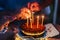 Close up of people hands fire candles on a birthday celebration cake on the table - concept of event and people have fun together