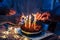 Close up of people hands fire candles on a birthday celebration cake on the table - concept of event and people have fun together