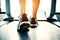 Close up of people who exercising on treadmill. Close-up of woman legs walking by treadmill in sports club. Fitness and Body