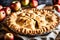 A close-up of a perfectly baked apple pie with a golden, flaky crust