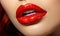 Close-up of perfectly shaped full lips painted with vibrant red lipstick, symbolizing glamour, beauty, makeup artistry, and