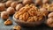 Close up Persian walnuts in rustic turquoise bowl vibrant background. Healthy food, snack concept