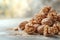 Close up Persian walnuts in rustic turquoise bowl vibrant background. Healthy food, snack concept