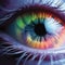 A close up of a person's eye with a rainbow colored iris. AI generative image.