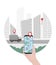 Close-up of a person s hand holds smartphone for tracking delivery. City skyline and truck on the white background