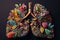 close-up of person's lungs filled with colorful blooms