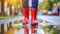 Close Up of Person Wearing Red Rain Boots. Generative AI