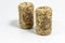 Close-up perspective shot of wine corks with blurry white background