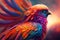 close-up of phoenix firebird's vibrant and colorful feathers against blurred landscape
