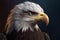 Close-up photo of a bald eagle, against a black background