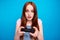 Close up photo beautiful amazing she her lady hold hands arms video game controller hard match worry team success want