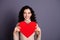 Close up photo beautiful she her lady hands arms hold big large red paper heart shape form figure near chest zone