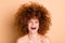 Close up photo beautiful she her no clothes nude lady laughing out loud eyes closed listening jokes funny funky curls