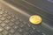 Close-Up photo Bitcoin , on modern black notebook keyboard. exchange virtual value, crypto digital money.