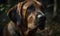 close up photo of bloodhound with natural blurry background. Generative AI