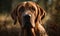 close up photo of bloodhound with natural blurry background. Generative AI