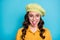 Close up photo of careless teen girl fooling show tongue out wear good look clothes isolated over blue color background