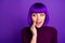 Close up photo of charming youth speaking mysteries wearing turtleneck  over purple violet background