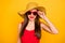 Close up photo of cheerful amazing lady bright lipstick nice colorful look trip voyage wear specs sun hat red swimming