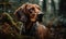 close up photo of coonhound on blurry forest background. Generative AI