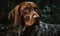 close up photo of coonhound on blurry forest background. Generative AI