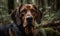 close up photo of coonhound on blurry forest background. Generative AI