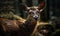 close up photo of deer on blurry forest background. Generative AI