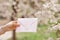 Close-up photo of female hands holding a pink invitation envelope with a wax seal, a gift certificate, a postcard, a