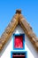 Close up photo of the front side facade of the traditional house in Santana, Madeira Island, Portugal. Typical thatched roof,